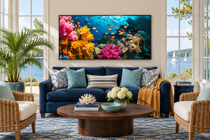 Vibrant underwater coral reef and fish photography wall art in a walnut frame above a blue sofa.