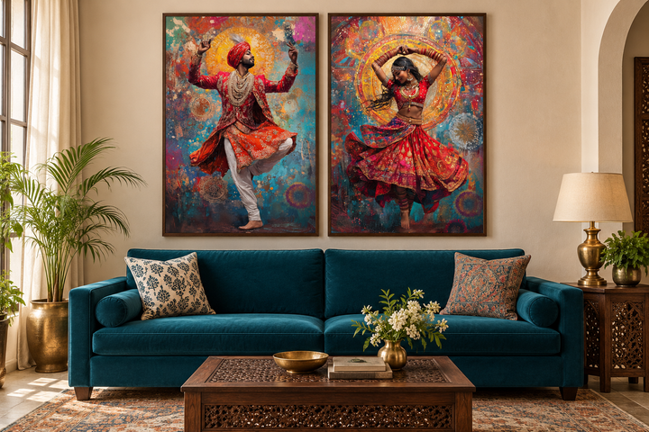 Two framed vertical canvas prints of a man and woman in traditional Indian dance attire and poses.