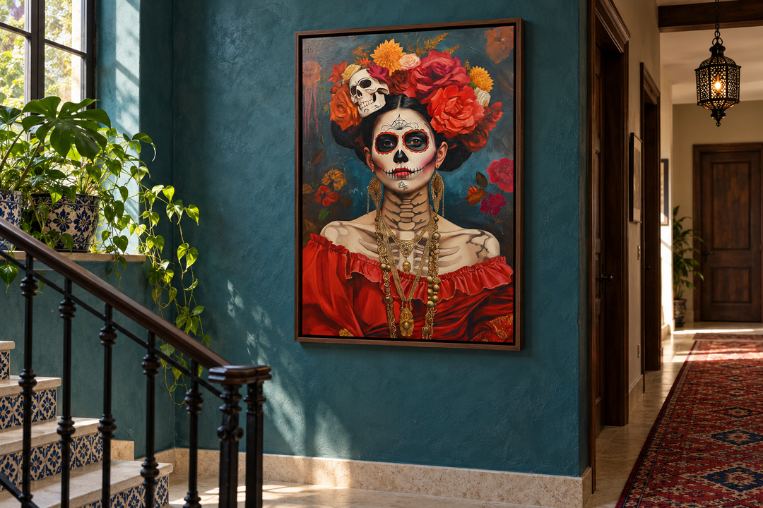 Mexican framed canvas wall art of a Day of the Dead woman with sugar skull makeup and red flowers.