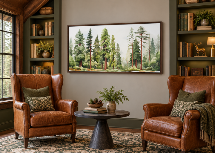 Woodlands forest watercolor framed canvas wall art above two leather chairs in a cozy library.