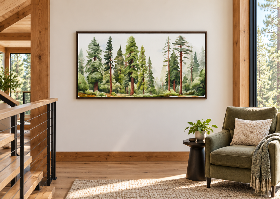 Woodlands forest watercolor framed canvas wall art featuring tall green trees in a cabin setting.