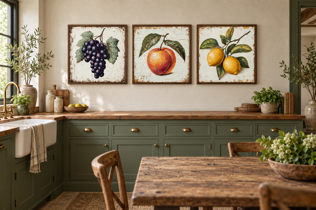 Vintage fruit canvas triptych featuring grapes, a peach, and lemons in a farmhouse kitchen.