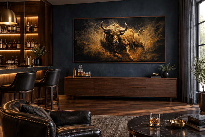 Extra large framed canvas painting of a charging bull in gold and brown tones on a dark wall.