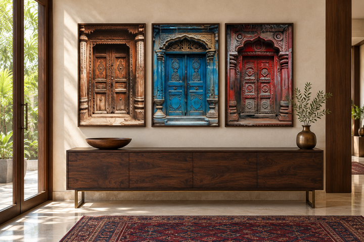 Set of three framed canvas prints featuring colorful, intricately carved traditional Indian doors.