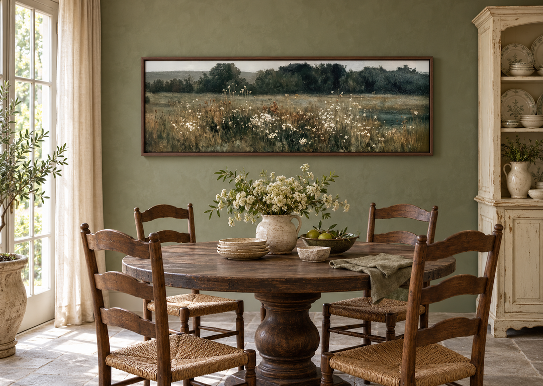 Moody Wildflowers Field long horizontal wall art in a walnut frame above a rustic dining table.