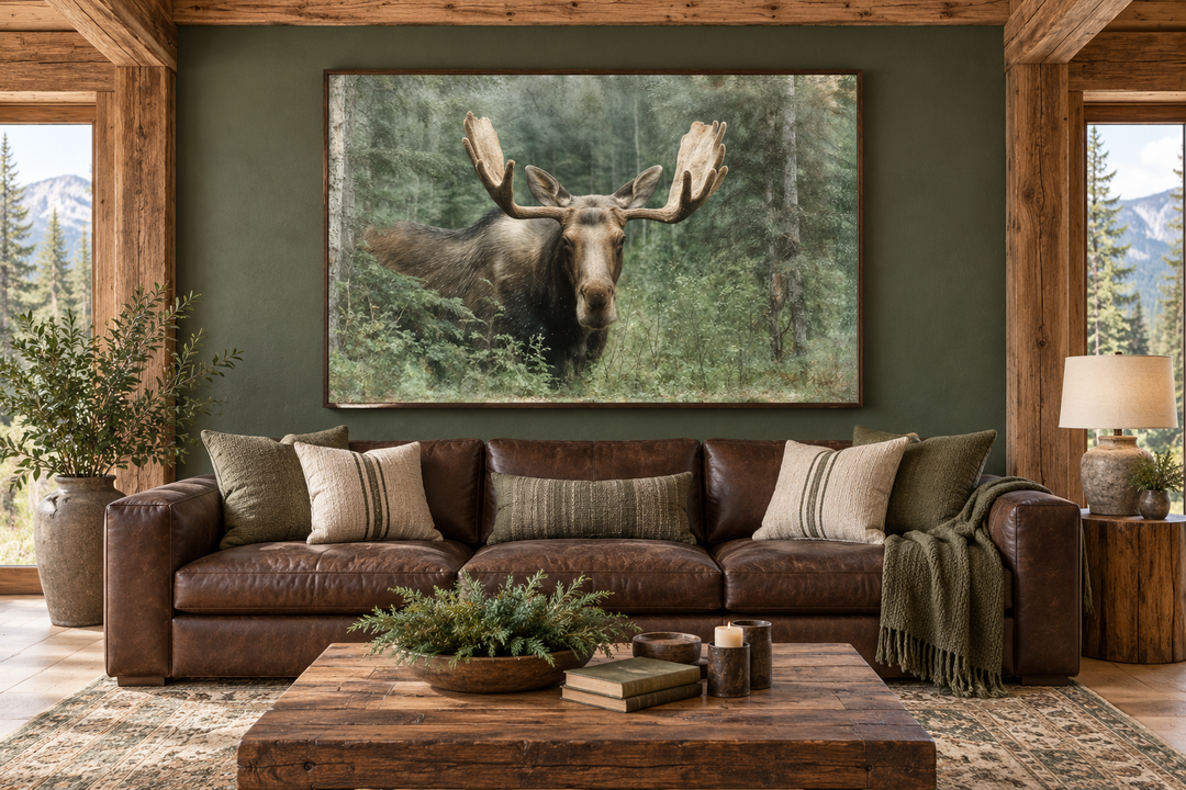Moose In The Forest wall art in a walnut frame above a brown leather sofa in a rustic cabin living room.