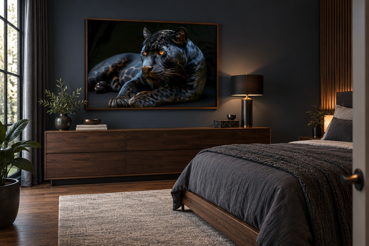 Black panther on black background framed canvas wall art hanging in a modern dark-toned bedroom.
