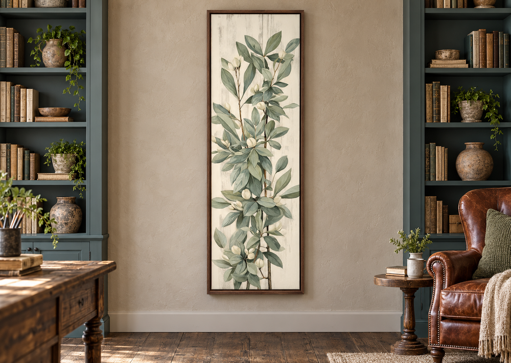 Tall slim vertical vintage sage green leaves framed canvas wall art in a walnut frame.
