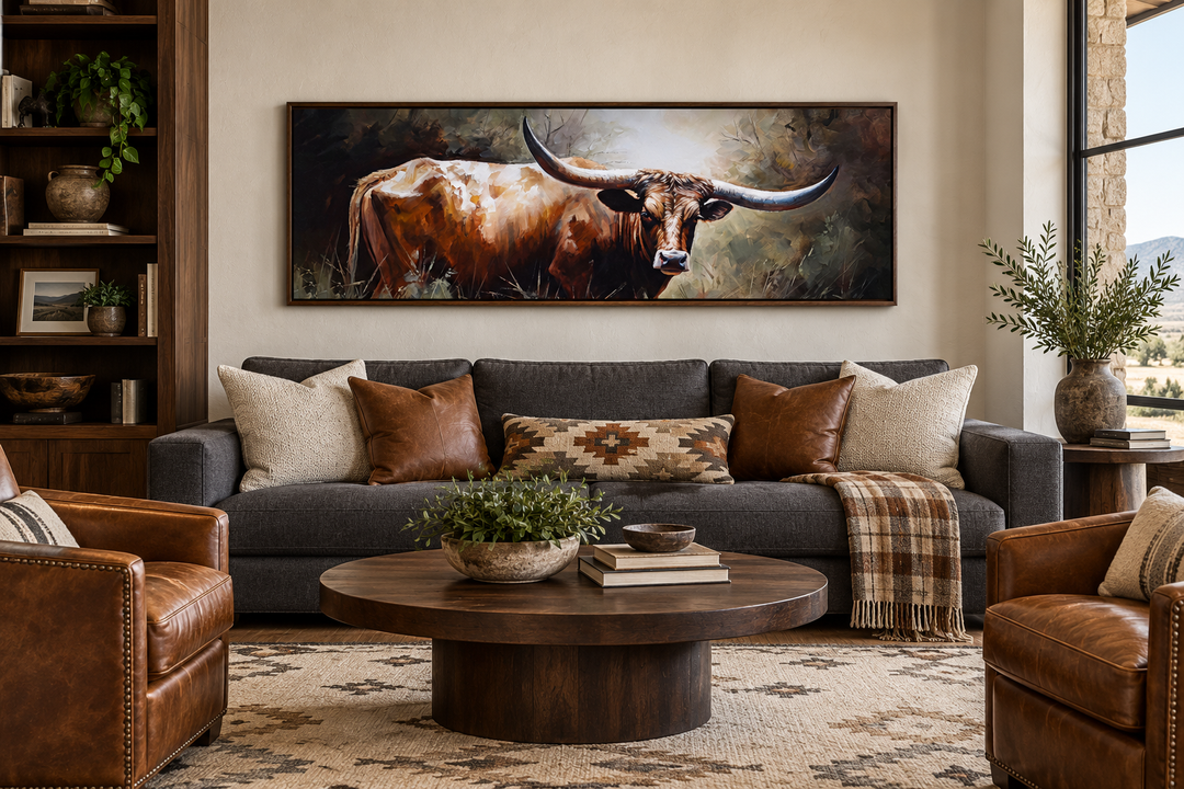 Panoramic framed canvas wall art of a Texas Longhorn steer hanging above a dark grey sofa.