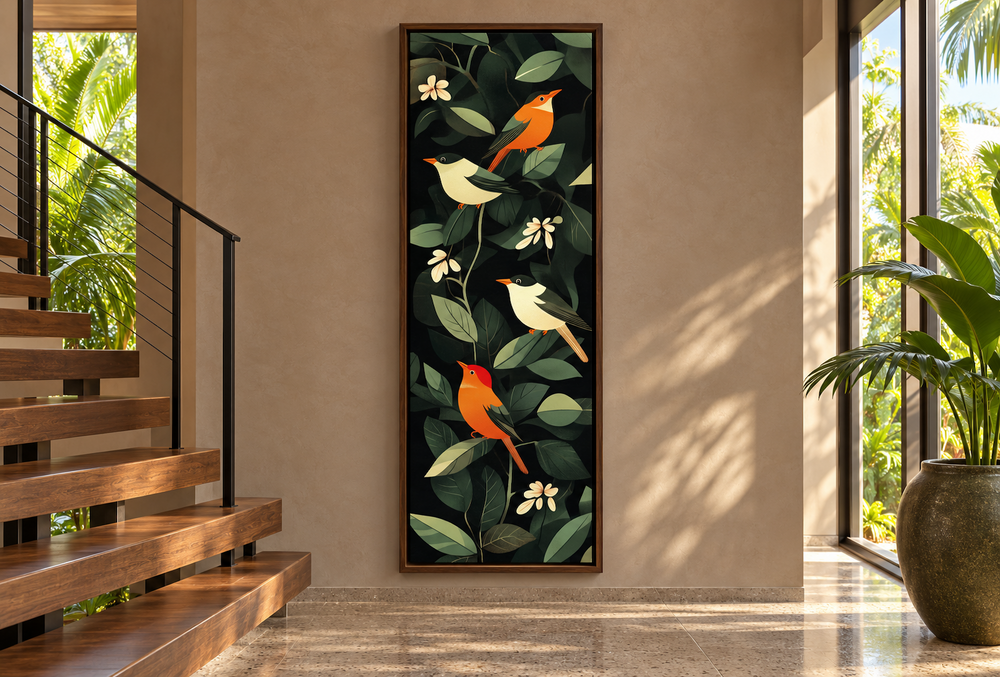 Vertical narrow canvas wall art featuring four colorful tropical birds among dark green leaves.