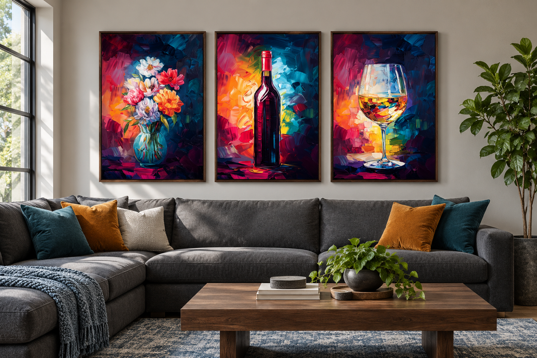 Set of three colorful canvas prints of a wine bottle, flower vase, and wine glass above a sofa.
