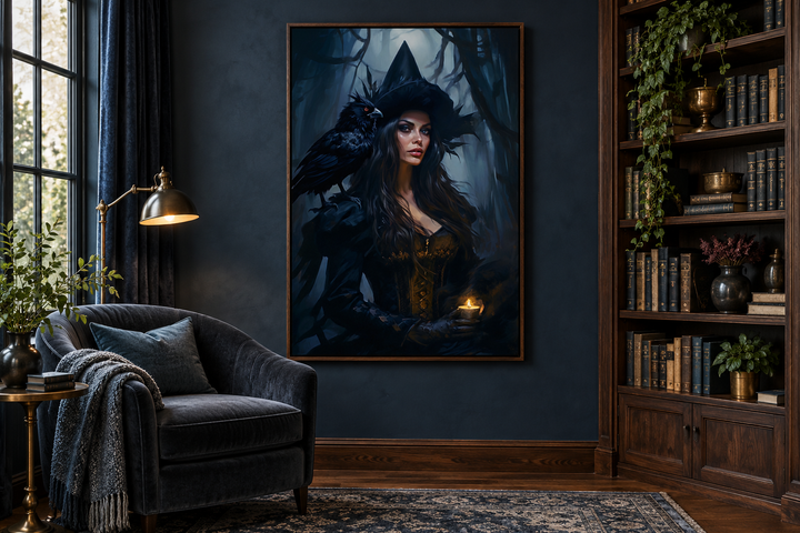Gothic framed canvas wall art of a witch with a raven in an enchanted forest, hung in a dark room.