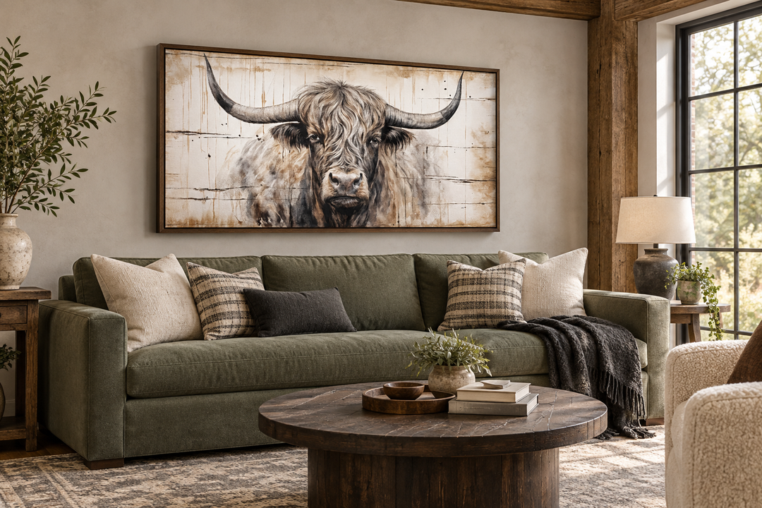 Highland bull painting on wood-textured framed canvas above a green sofa in a rustic living room.