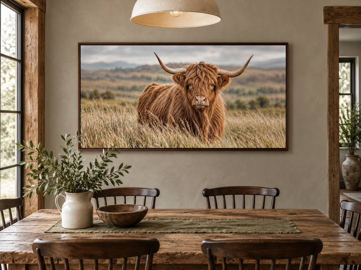 Highland Cow In Grass Field Photography Framed Canvas Wall Art in a rustic dining room.