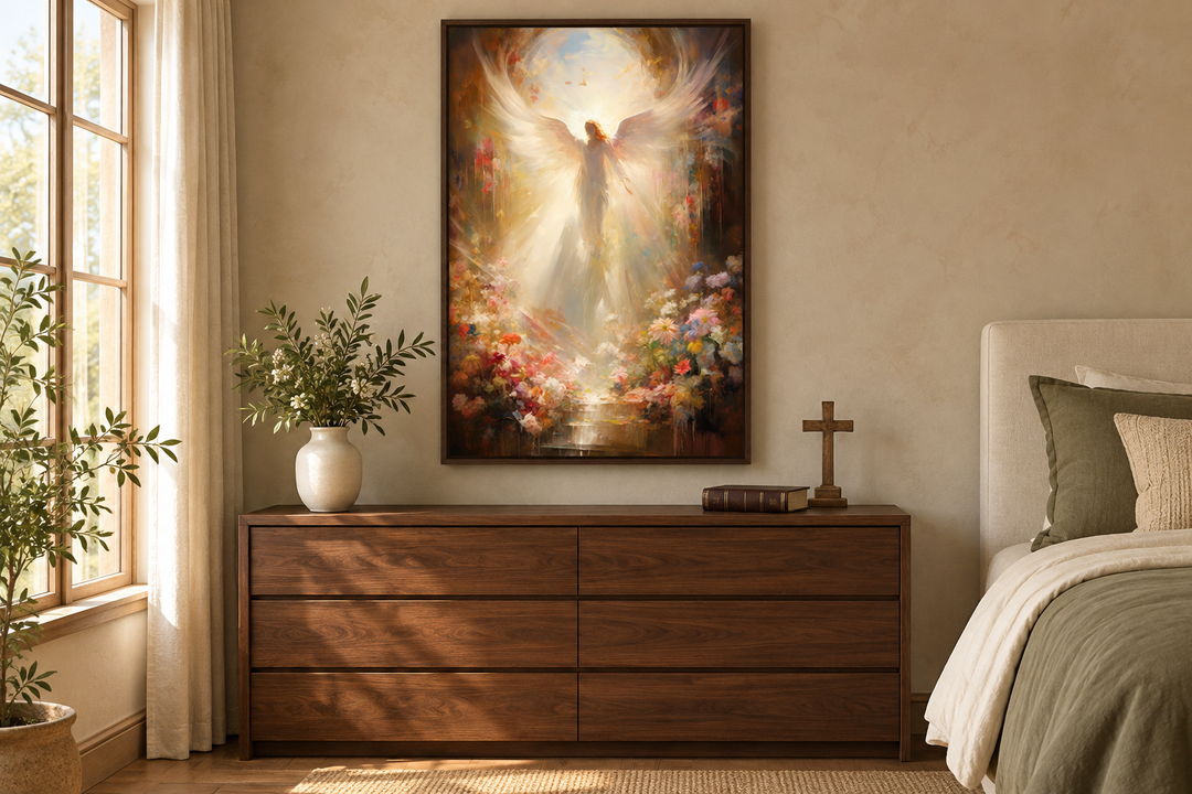 Angel in Heaven Christian framed canvas wall art above a wooden dresser in a serene bedroom.
