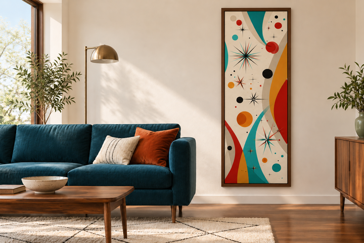 Vertical mid-century modern canvas wall art with retro geometric shapes in a walnut-framed living room.