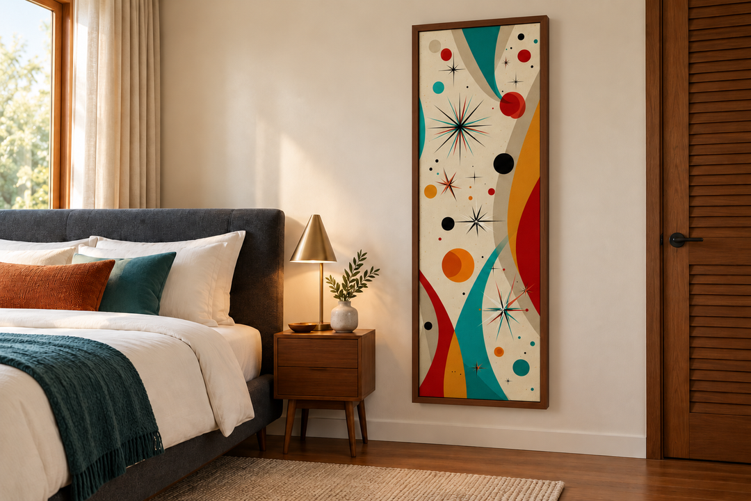 Vertical narrow canvas print with mid-century modern retro geometric shapes in a bedroom setting.
