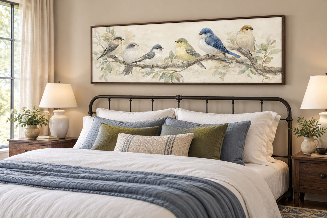 Oiseaux sur une branche - Tableau panoramique horizontal sur toile, tons neutres, nature