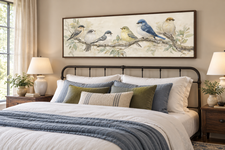 Oiseaux sur une branche - Tableau panoramique horizontal sur toile, tons neutres, nature