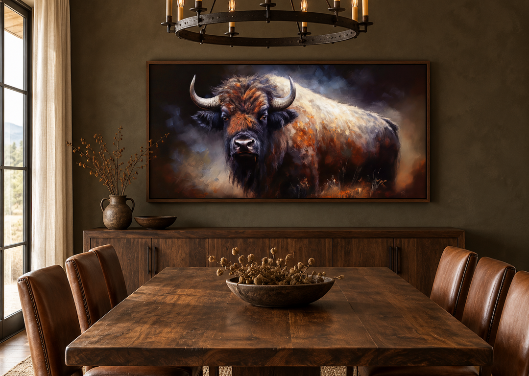 Extra large framed canvas print of an American buffalo in a rustic dining room setting.