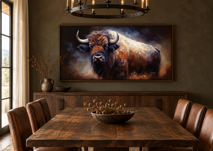 Extra large framed canvas print of an American buffalo in a rustic dining room setting.