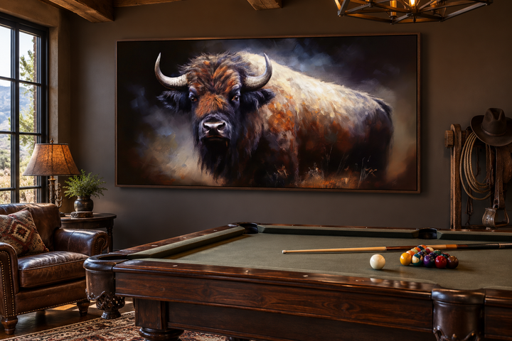 Extra large framed canvas print of an American buffalo in a rustic billiards room.