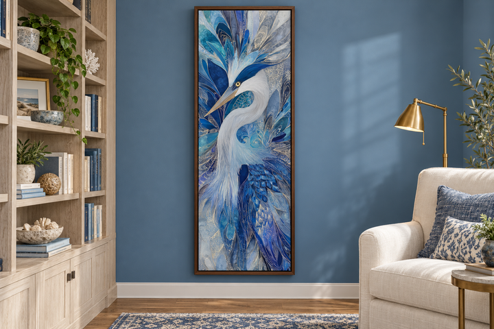 Vertical canvas print of an elegant blue heron with abstract textures in a walnut frame.