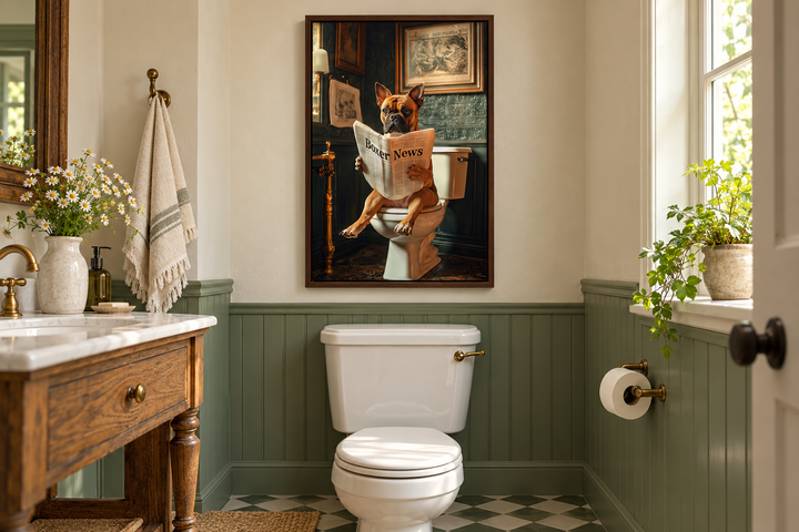 Boxer dog reading a newspaper on a toilet canvas wall art in a green and white bathroom.