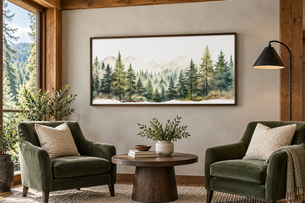 Framed watercolor canvas of a sage green forest and mountain landscape in a rustic living room.