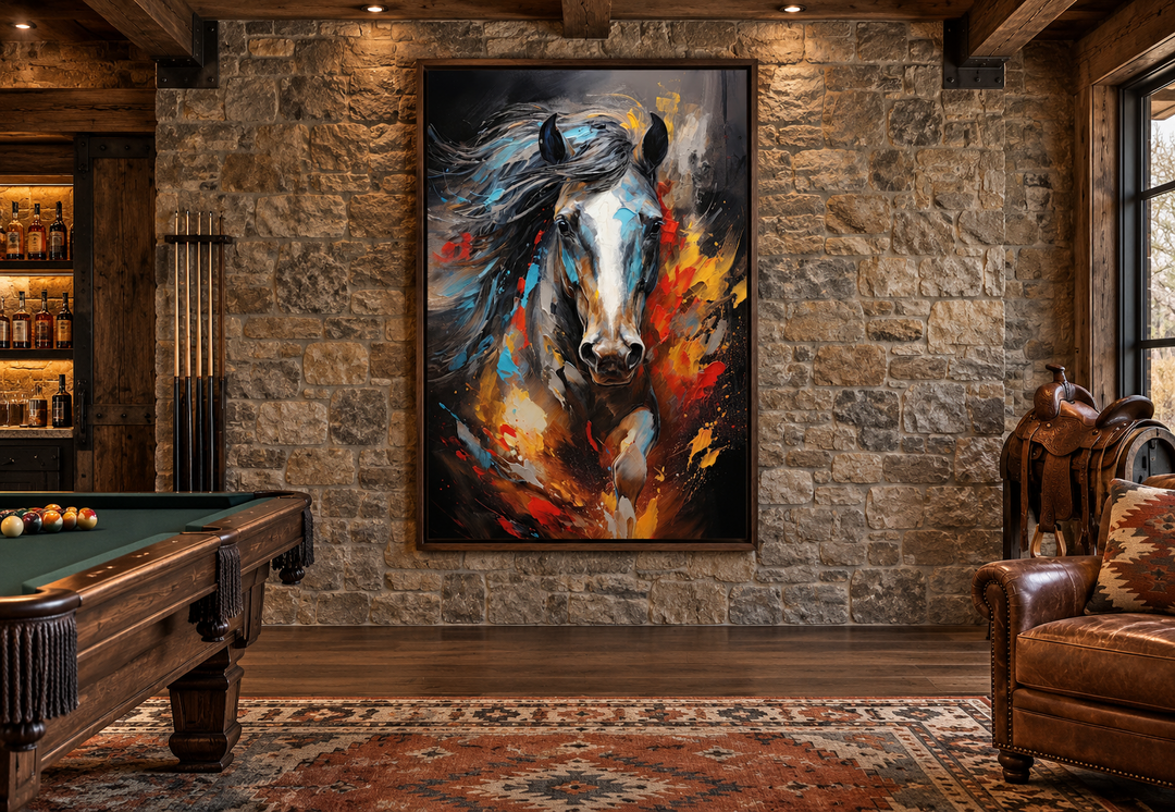 Extra large framed canvas wall art featuring a colorful abstract painting of a galloping horse.