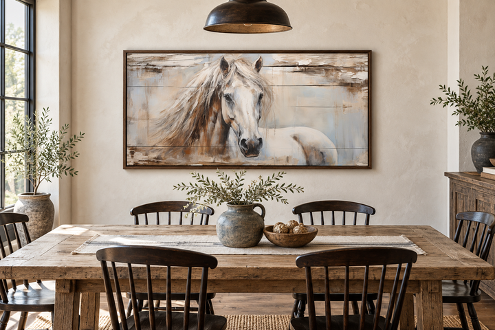 Rustic white horse painting on distressed wood canvas in a farmhouse dining room setting.