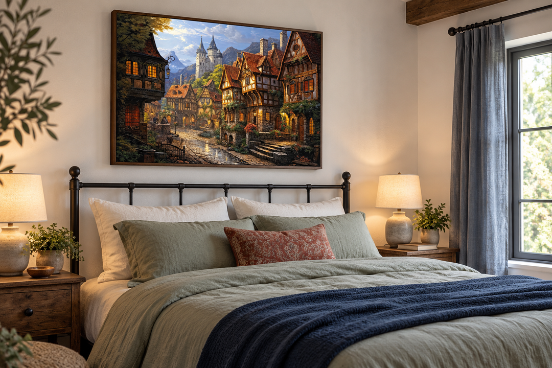 Medieval European whimsical village framed canvas wall art hanging above a bed in a cozy bedroom.