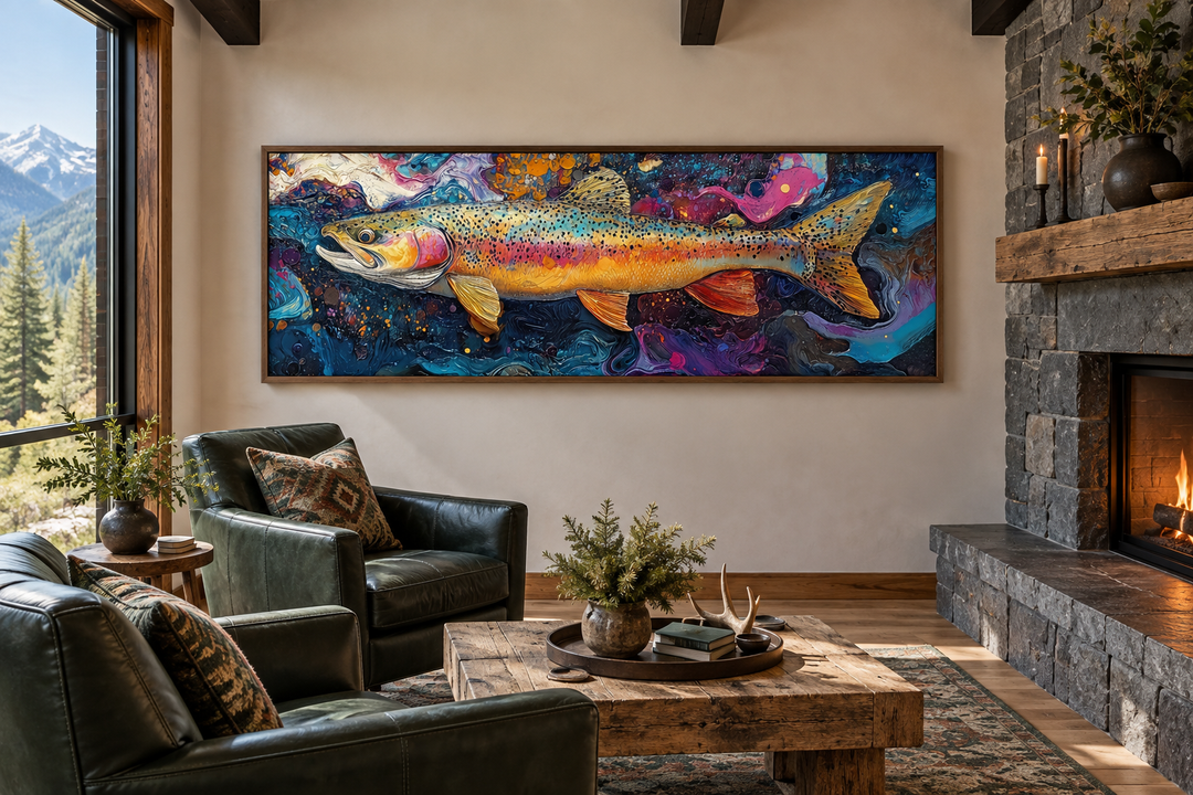 Colorful rainbow trout framed canvas wall art displayed above a fireplace in a rustic living room.