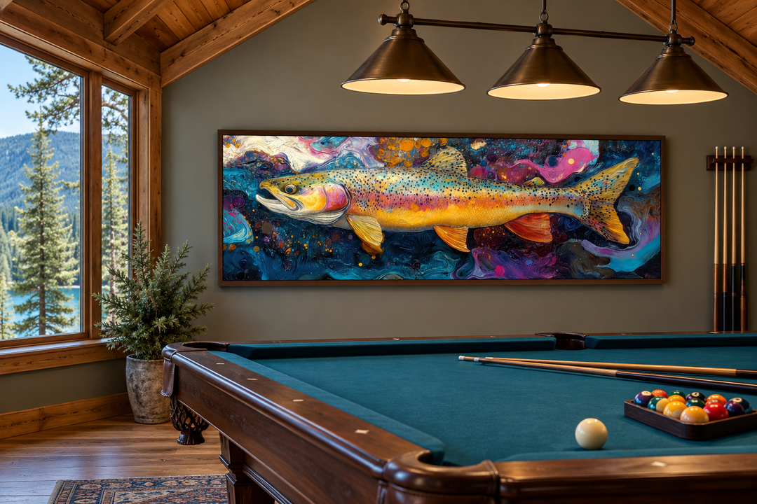 Colorful rainbow trout framed canvas wall art hanging in a rustic billiard room.