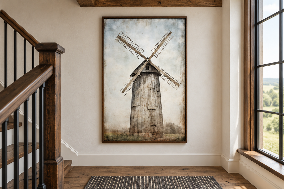 Rustic old windmill painting in a dark wood frame on a farmhouse wall near a staircase.