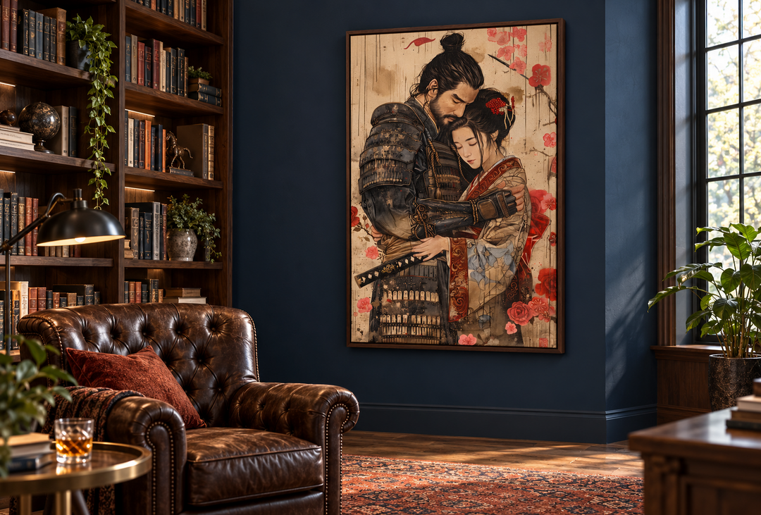 Ukiyo-e style wall art of a samurai and geisha in an embrace, framed on a dark blue wall.