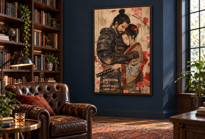 Ukiyo-e style wall art of a samurai and geisha in an embrace, framed on a dark blue wall.
