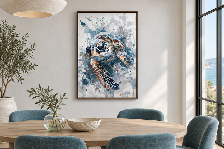 Blue Sea Turtle Beach House Framed Canvas Wall Art hanging in a modern dining room.