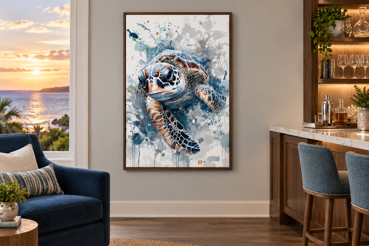 Blue Sea Turtle Beach House Framed Canvas Wall Art in a walnut frame hanging in a coastal room.