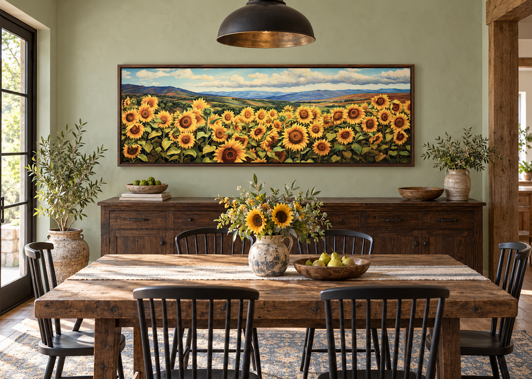 Sunflowers Field Rustic Farmhouse Long Horizontal Wall Art in a walnut frame above a dining table.