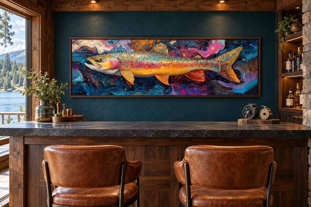 Colorful rainbow trout framed canvas wall art displayed above a rustic wooden bar in a cabin.