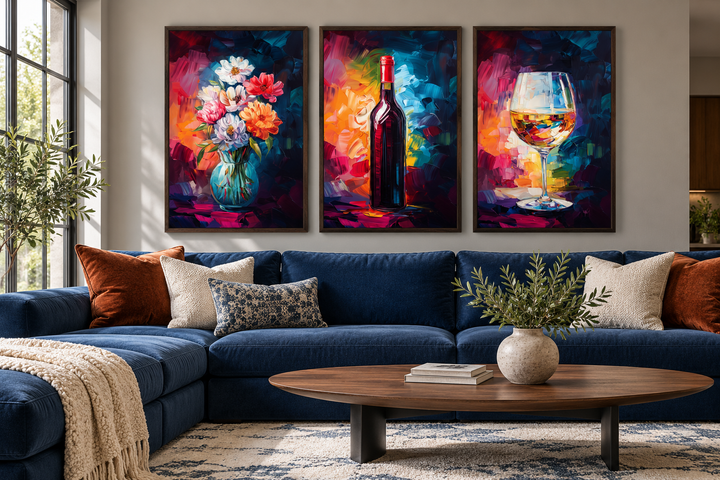 Set of three framed canvas prints of a flower vase, wine bottle, and wine glass in a living room.
