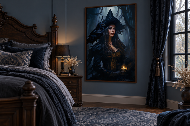 Gothic framed canvas wall art of a witch with a raven in an enchanted forest, hung in a bedroom.