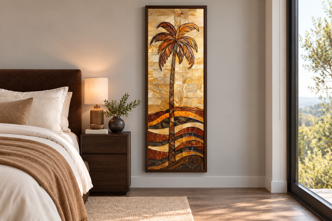Tall narrow vertical framed canvas wall art featuring a woodgrain-style palm tree in warm tones.