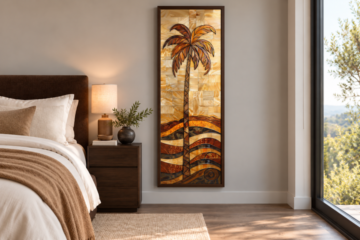 Tall narrow vertical framed canvas wall art featuring a woodgrain-style palm tree in warm tones.