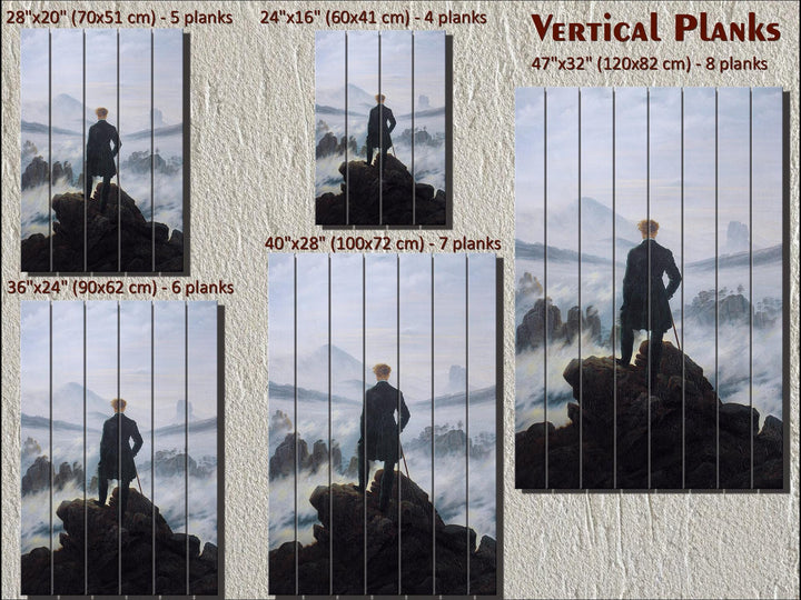 Wanderer Above the Sea of Fog wood wall art in five size options with vertical plank details.