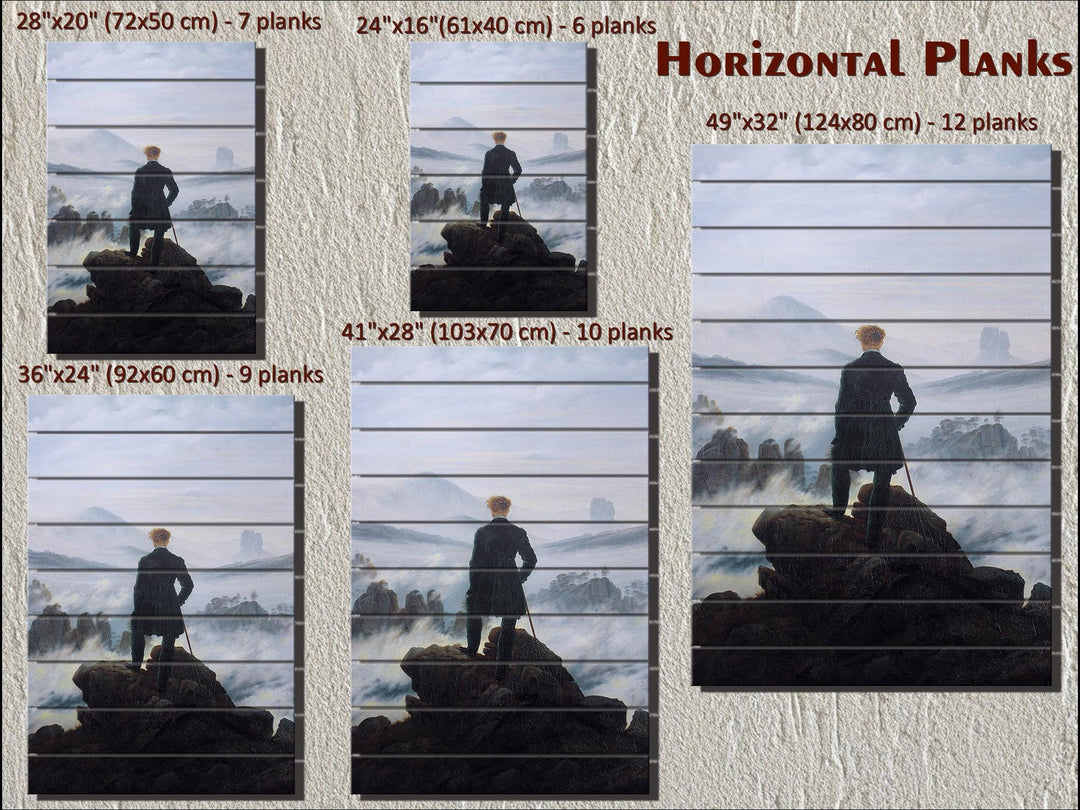 Wanderer Above the Sea of Fog wood wall art in five sizes with horizontal plank counts.