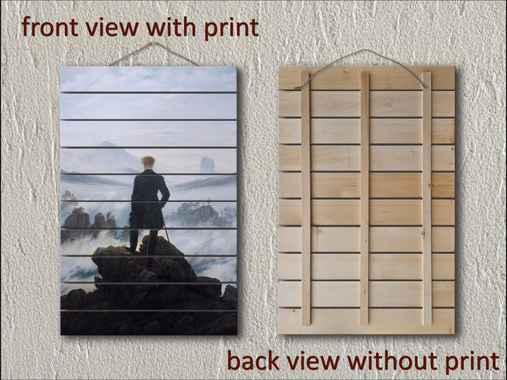Front and back view of Wanderer Above the Sea of Fog printed on vertical distressed wood planks.