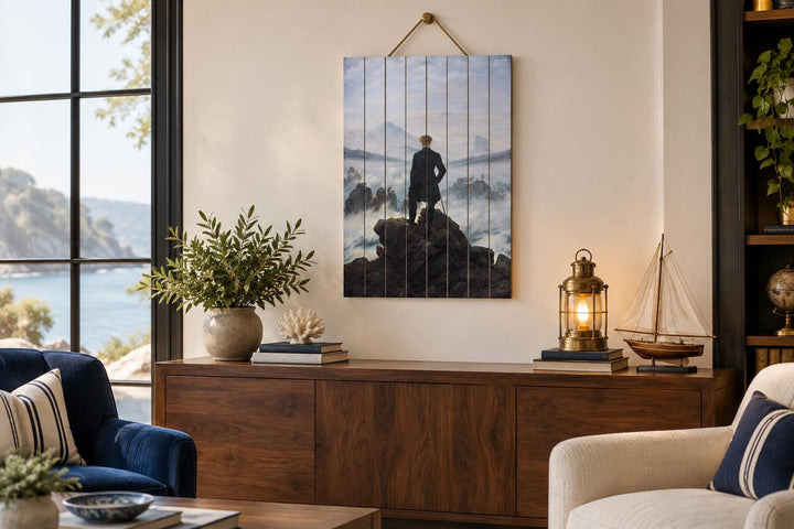 Wanderer Above the Sea of Fog printed on vertical distressed wood planks in a cozy study.