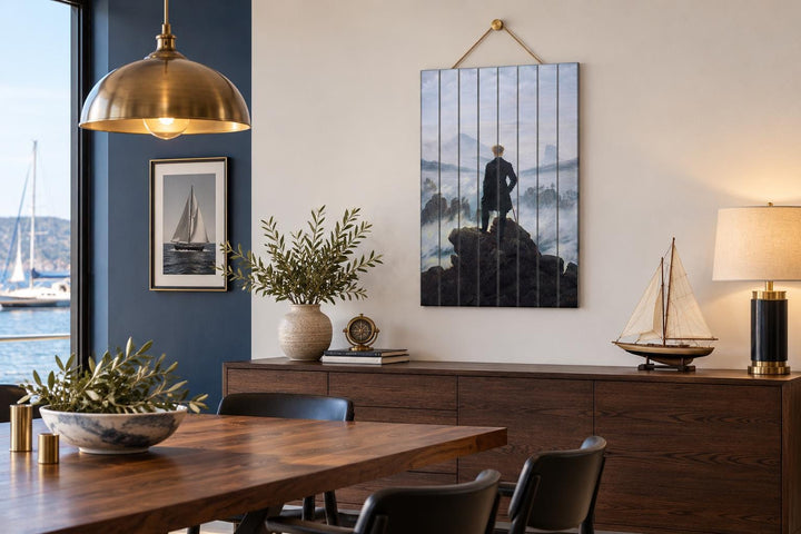 Wanderer Above the Sea of Fog printed on distressed wood planks hanging in a modern dining room.
